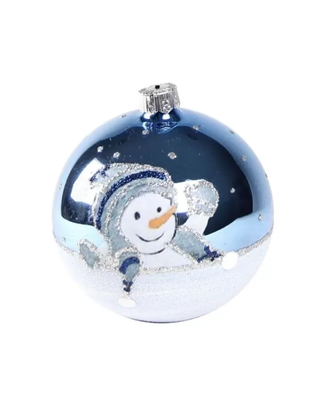 1Pz Pallina In Vetro Decorata A Mano Azzurro Lucido 80Mm>* Online