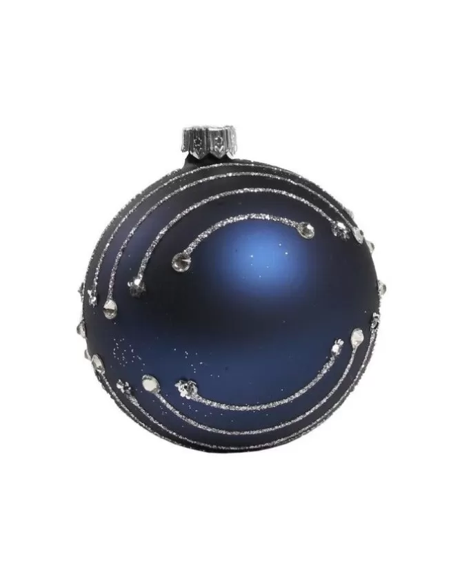 1Pz Pallina In Vetro Decorata A Mano Blu Opaco 80Mm>* Cheap