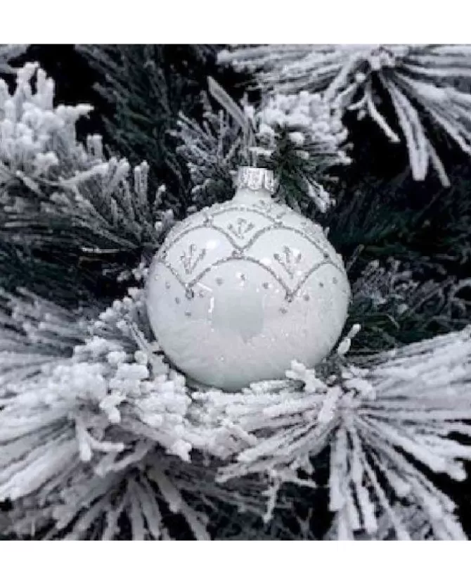 1Pz Pallina Sfera Di Vetro Decorata A Mano 80Mm Per Albero Di Natale Bianca>* Sale