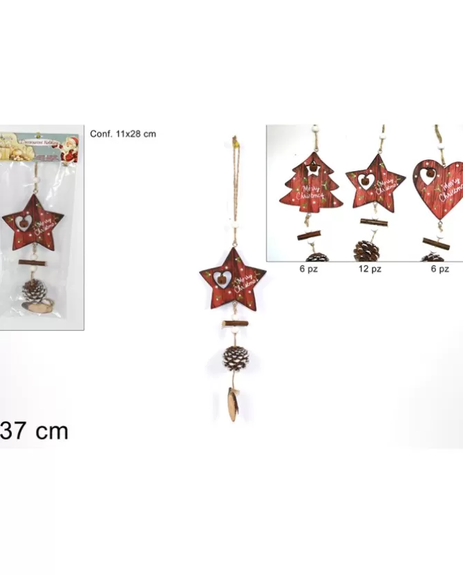 Appendino Addobbo Natalizio Di Legno Con Pigna Rossa 37 Cm>* Cheap