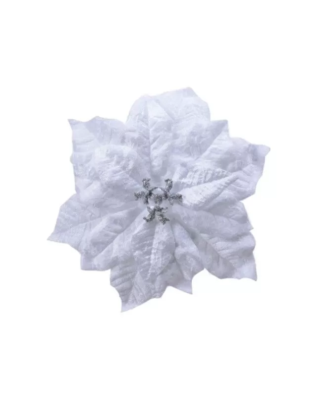 Fiore Poincettia Bianca Vellutata 16 Cm Su Clip Con Glitter>KAEMING Store