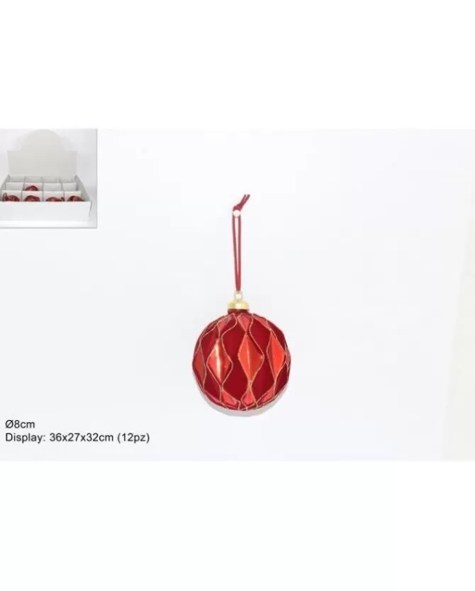 Pallina Rossa In Vetro E Velluto Con Glitter Oro Con Rombi Dia 8 Cm Cf 12Pz>DUE ESSE CHRISTMAS Clearance