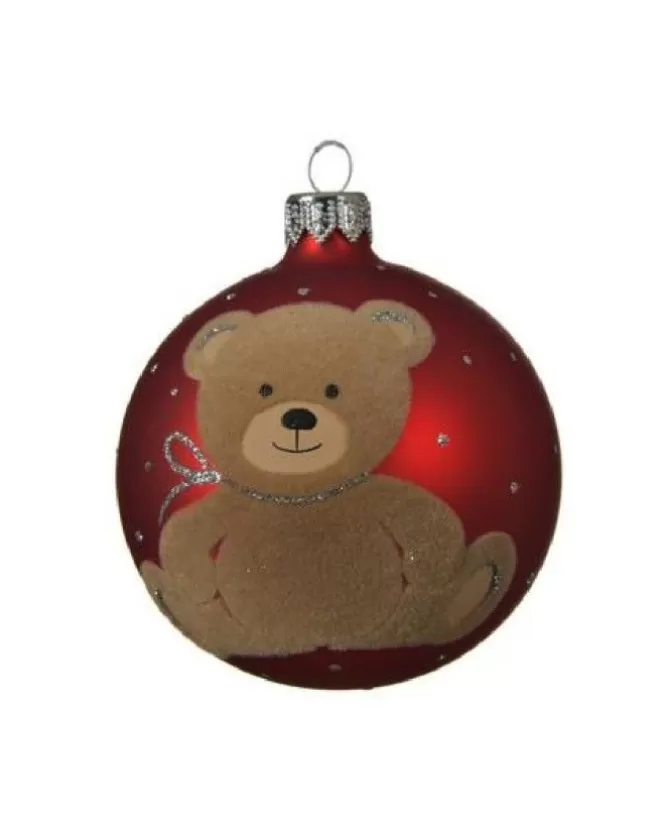 Pallina Sfera Di Vetro Decorata Rossa Con Orsacchiotto 80Mm 6Pz Per Albero>KAEMING Discount