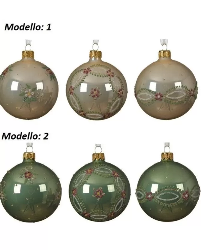 Pallina Sfera Di Vetro Decorata Verde E Crema 80Mm 6Pz Per Albero Di Natale>KAEMING Store