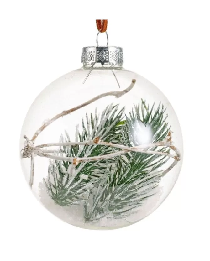 Pallina Sfera In Vetro Trasparente Con Ramo Verde Alliinterno Innevato>KAEMING Store